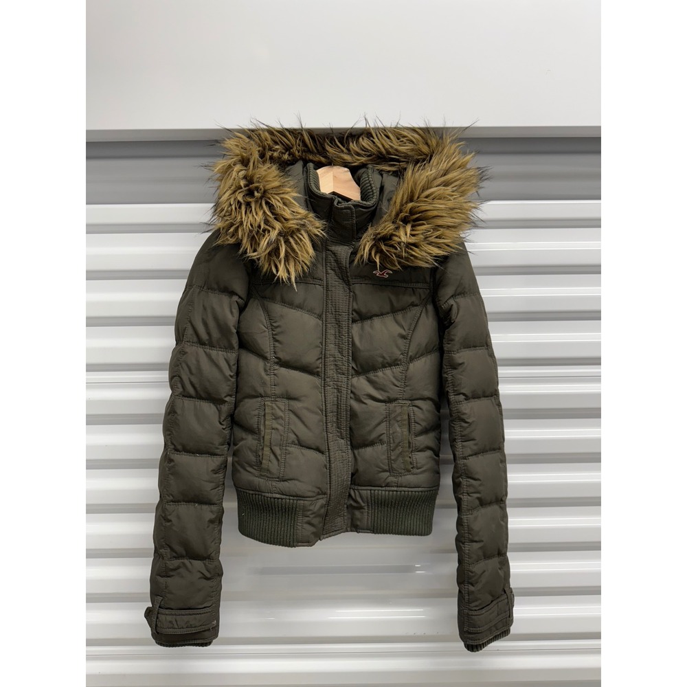 Hollister Olive Green Puffer Jacket‎ Faux Fur Hood Sherpa Lined Small Womens